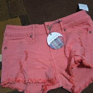 Trendy Coral Distressed Jean Shorts for Women